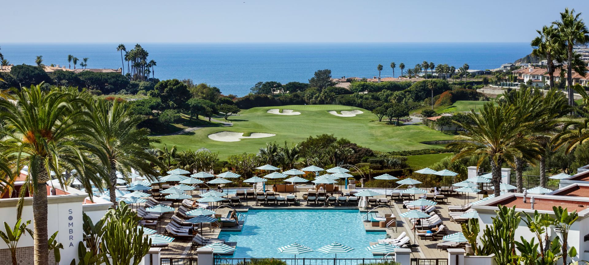Elevated view of the swimming pool and golf course at Waldorf Astoria Monarch Beach